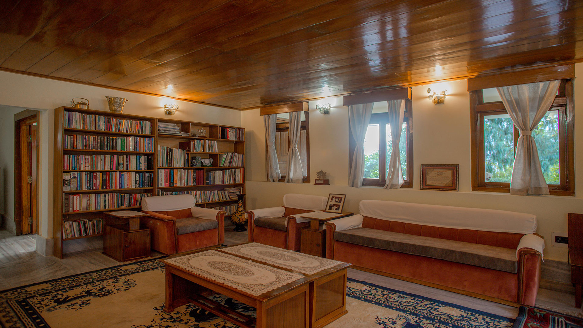 Furnished living room with library in cozy villa